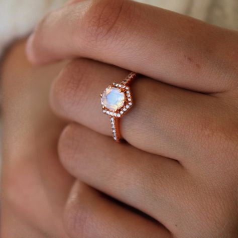 Rose Gold Pave Halo Moonstone Ring - Vivian Grace Rose Gold Pave Band, Moonstone Engagement, Moonstone Engagement Ring, Pave Band, Dream Engagement, Diamond Simulant, Jewelry Studio, Vermeil Jewelry, Wedding Goals