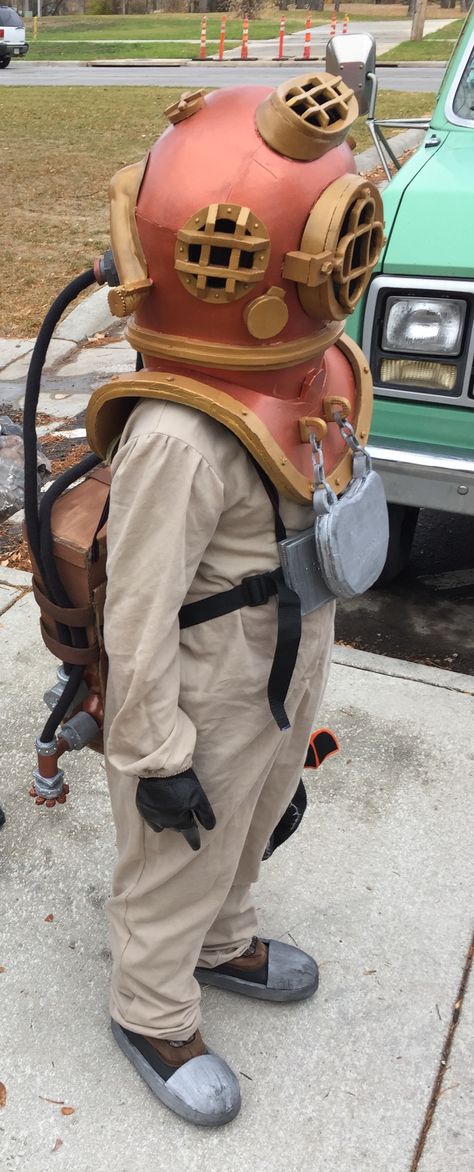 Deep sea diver costume Scooba Diver Costume, Deep Sea Diver Costume, Beach Fancy Dress, Halloween Campfire, Diver Suit, Diver Costume, Scuba Diver Costume, Sea Creature Costume, Creature Costume