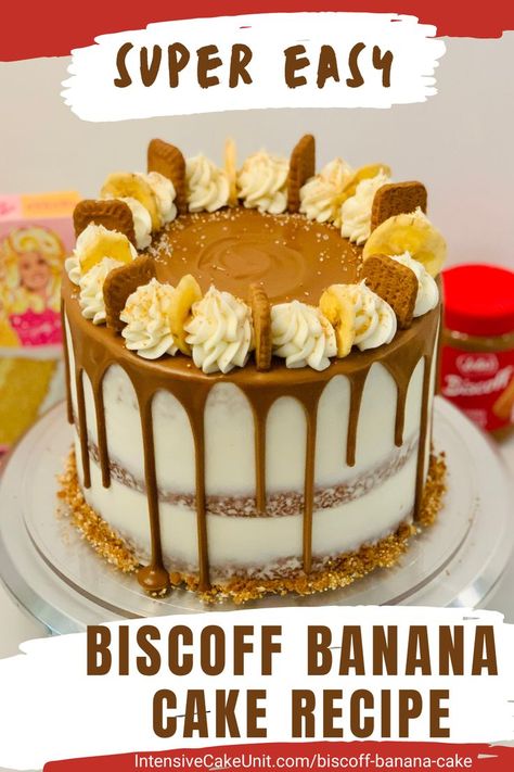 Biscoff Banana Cake, covered with cream cheese frosting and a cookie butter drip, decorated with Biscoff Cookies and Banana chips Biscoff Cake Recipe, Banana Biscoff, Biscoff Banana, Caramel Drip Cake, Layer Cake Filling, Biscoff Cake, Biscoff Cookie Butter, Ganache Cake, Banana Cake Recipe