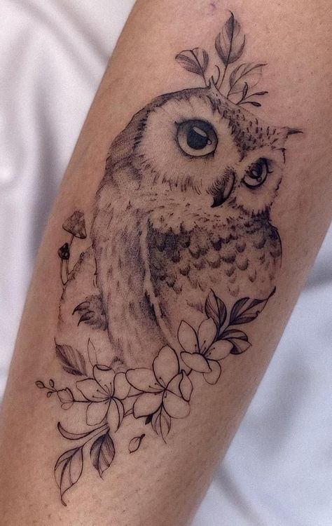 Owl Branch Tattoo, Women Owl Tattoos, Delicate Owl Tattoo, Floral Owl Tattoo, Owl Flower Tattoo, Owl Shoulder Tattoo, Owl With Flowers Tattoo, Fine Line Owl Tattoo, Owl And Flower Tattoo