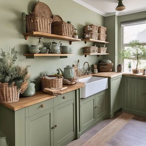 Hardware On Green Cabinets, Rustic Colourful Home, Sage Green Cottage Kitchen, Green Cabinets Wood Countertop, Cottage Kitchen Green, Sage Green And Wood Kitchen, Kitchen Aesthetic Green, English Kitchen Design, Green Kitchen Wallpaper