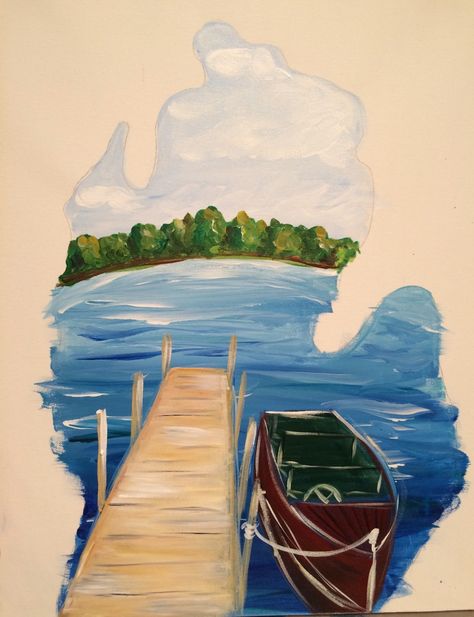 Michigan Summer- Downtown GR Location Michigan Painting Ideas, Michigan Drawing, Canoe Paddle Art, Michigan Artwork, Michigan Painting, Michigan Art, Michigan Summer, Small Canvas Paintings, Lake Painting