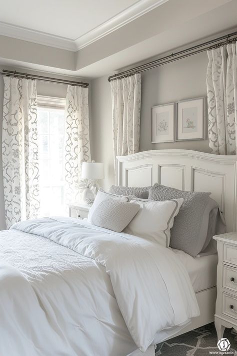 25 White and Silver Bedroom Ideas for a Soothing Space Silver Bedroom Ideas, White Room Decor Bedroom, White And Silver Bedroom, Grey And White Room, White Bedroom Ideas, Condo Bedroom, Silver Bedroom, White Room Decor, White Decorative Pillows