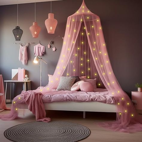 -STORE Pink Canopy for Girls Bed with Pre-Glued Glow in The Dark Stars - Princess Mosquito Net Room Decor - Kids & Baby Bedroom Tent with Galaxy Lights - 1 Opening Canopy Bed & Hanging Kit Included Pink Bed Canopy, Pink Canopy, Pink Girl Room Decor, Girls Bed Canopy, Kids Bed Canopy, Girls Bed, Pink Bed, Crib Canopy, Cute Bedroom Ideas