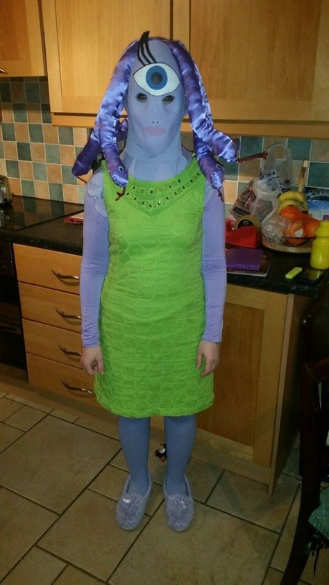 All homemadeincluding the snakes and mask—janellek4b Celia Monsters Inc Costume, Disney Halloween Costumes Diy, Monsters Inc Costume Diy, Princess Costume For Women, Monsters Inc Halloween Costumes, Monsters Inc Costume, Dress And Black Boots, Disney Costumes For Women, Woman With Purple Hair