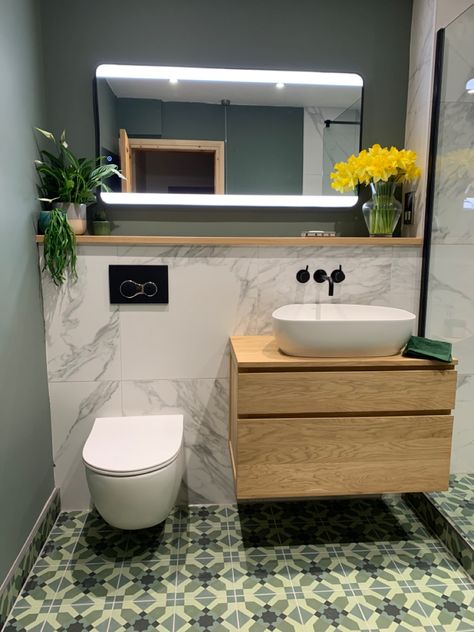 Wall hung Vita toilet and sink with green patterned tiles, grey smoke Farrow and Ball walls. Instagram @theoldschoolhouse_northyorks Back To Wall Toilet With Shelf, Bathroom Sink Next To Toilet, Wall Hung Wc Ideas, Farrow And Ball Ensuite, Bathroom Sink Toilet Same Wall, Back To Wall Toilet And Sink, Square Downstairs Toilet Ideas, Wall Hung Toilet And Sink, Boxed In Toilet And Sink