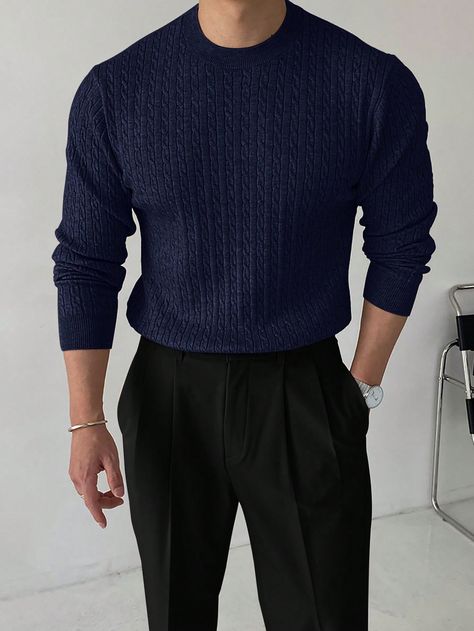 Men's Solid Color Cable-Knit Crew Neck Long Sleeve Sweater Navy Blue Casual  Long Sleeve Fabric Plain Pullovers Slight Stretch  Men Clothing, size features are:Bust: ,Length: ,Sleeve Length: Navy Sweater Outfit, Sweater Outfits Men, Sweater Navy Blue, Navy Blue Sweater, Navy Sweater, Knitwear Men, Navy Sweaters, Casual Sweaters, Knitted Pullover Sweaters