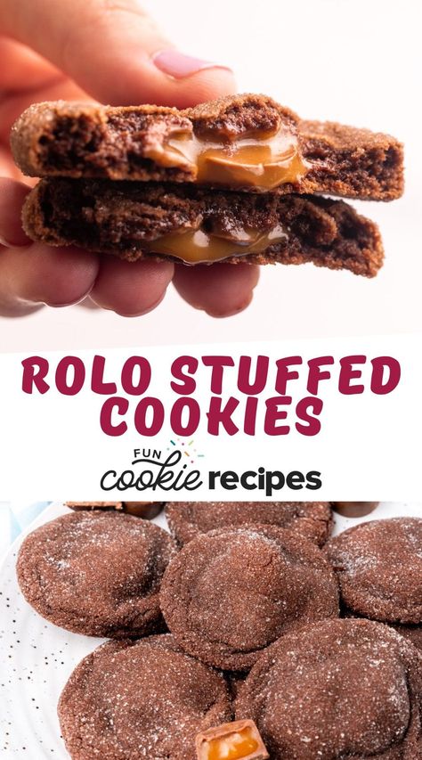 Chocolate Rolo Cookies Recipe, Rolo Stuffed Cookies, Rollo Cookies Recipes, Rolo Cookies Recipe, Rollo Cookies, Fun Cookie Recipes, Soft Chocolate Cookies, Sugar Cookie Bar Recipe, Soft Chocolate Cookie