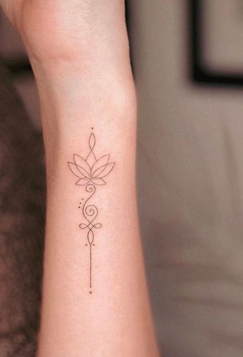 Unalome Tattoo With Cross, Fine Line Unalome Tattoo, Back Ankle Tattoos For Women, Tatoos Woman Shoulder, Unalome Spine Tattoo, Lotus Tattoo Hand, Tattoos That Symbolize Growth, Tattoo Ideas Female Meaningful Unique Arm, Unalome Tattoo Female Design