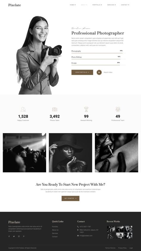 Pixelate - Portfolio & Photography Elementor Template Kit Creative Portfolio Website, About Us Page Design, Website Design Templates, Photography Portfolio Template, Wordpress Theme Portfolio, Photography Portfolio Website, Photography Website Design, Web Portfolio, Website Design Wordpress