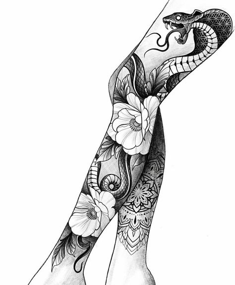 Snake Leg Sleeve, Leg Snake Tattoo, 108 Tattoo, Tattoo Zodiac, Delicate Tattoos For Women, Knee Tattoos, Shin Tattoo, Traditional Tattoo Designs, Full Leg Tattoos