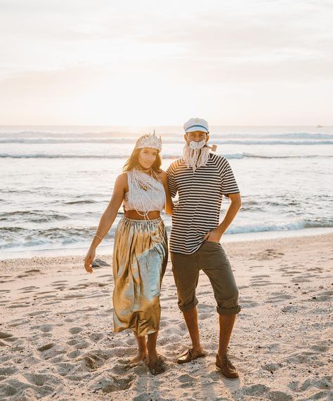 Sailor & Mermaid Costume Idea – We made these costumes using things around the house, thrifted items, hand made the mop beard & seashell crown with shells & microplastics! Zero waste Costume Idea via @elanaloo Best Halloween Couple Costumes, Halloween Couple Costumes, Seashell Crown, Halloween Couple, Grass Skirt, Couple Costumes, Thrifted Items, All Black Looks, Mermaid Costume