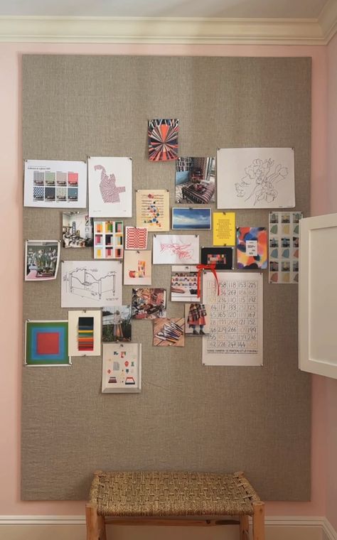 How to Make a Lightweight, Fabric-Covered Pinboard for Your Home Office - The Aesthetics of Joy by Ingrid Fetell Lee Work Office Picture Display, Colorful Studio Apartment Ideas, Desk With Pinboard, Office With Cork Board, Pin Board Office, Cork Boards Ideas For Bedroom, Diy Fabric Cork Board, Diy Pinboard How To Make, Diy Pinboard Ideas