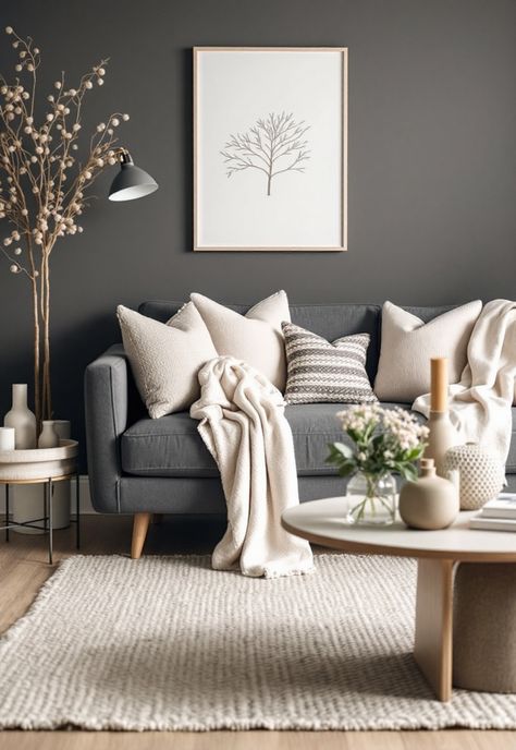 Dark Grey Couch Living Room Ideas Grey Couch Cozy Living Room, Grey Couch With White Pillows, Grey Couch Color Palette, Grey Couch White Pillows, Dark Grey Couch Throw Pillow Ideas, Dark Room Light Couch, Eggshell Living Room, Decorate Grey Couch, Sofa And Two Recliners Layout