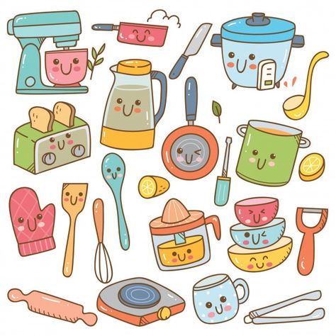 Set of kawaii kitchen equipment | Premium Vector #Freepik #vector #food #restaurant #cartoon #kitchen Kitchen Equipment Drawing, Utensils Drawing, Kawaii Kitchen, Colorful Stationery, Kitchen Drawing, Chat Kawaii, Kawaii Cooking, Food Collection, 강아지 그림