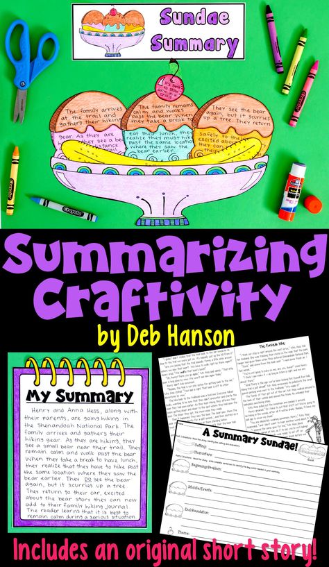 This is an engaging summarizing activity where your students read an original short story. After they have finished reading, students identify the characters, setting, beginning/problem, middle/events, end/resolution, and theme on the individual pieces of the sundae. Finally, students use their pieces to write a complete summary! Summarizing Fiction, Summarizing Activities, Summary Activities, Summary Writing, Elementary Teaching, 5th Grade Reading, 4th Grade Reading, Story Structure, Upper Elementary Classroom