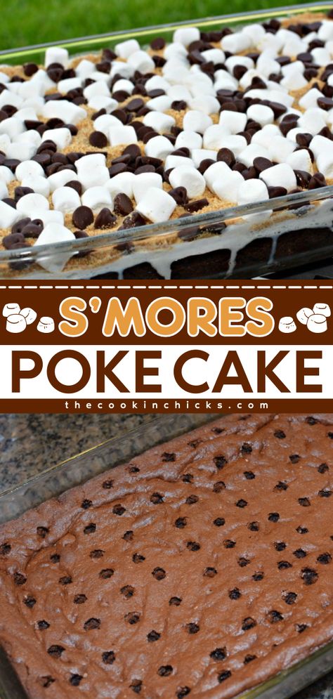 Your Labor Day party food ideas must have this s'mores cake! Along with the goodness of marshmallows and graham crackers, every bite of this chocolate poke cake is delicious. Save this s'mores poke cake recipe for a simple summer dessert everyone will love! Cakes For Bbq Party, Desserts To Take To A Cookout, Desserts For Team Dinners, Dessert Recipes Labor Day, Bbq Cookout Desserts, Smores Dump Cake Recipes, Chocolate Potluck Desserts, Marshmallow Chocolate Poke Cake Recipe, S’mores Poke Cake