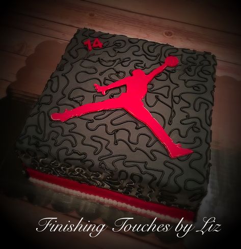 Air Jordan birthday cake By www.facebook.com/finishingtouchesbyliz Sneaker Head Birthday Cake, Birthday Cake Designs For Boys 13, Jordan Birthday Cake Ideas, Michael Jordan Birthday Cake, Air Jordan Cake Ideas, Air Jordan Birthday Party Ideas, Jordan Theme Cake, Jordan Birthday Party Ideas, Jordan Cake Ideas