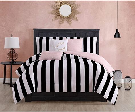 Amazon.com: Juicy Couture Cabana Stripe Reversible Bedding Set - Queen Size - Black and White Stripe Print – 6 Piece Set – Includes 1 90 inch x 90 inch Comforter, 3 Decorative Pillows, 2 Shams : Home & Kitchen Stripe Bedding, Dec Pillows, Apartment Vibes, Reversible Bedding, Makeover Bedroom, Bed Comforter Sets, Reversible Comforter, Black Bedroom, Queen Bedding Sets