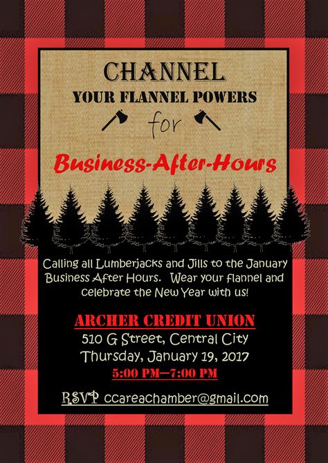 Channel your flannel business after hours Business After Hours Ideas Events, Channel Your Flannel Party, Flannel Themed Christmas Party, Flannel Holiday Party Theme, Flannel Fur And Fizz Christmas Party, Flannel And Frost Holiday Party, Staff Party Ideas, Flannel Party, Chamber Ideas