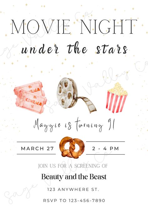 Movie Night Under the Stars Birthday Invitation Under The Stars Birthday Party, Movie Night Under The Stars, Movie Under The Stars, Movie Ticket Invitations, Outdoor Movie Party, Backyard Movie Party, Movie Invitation, Construction Birthday Invitations, Text Message Invitations