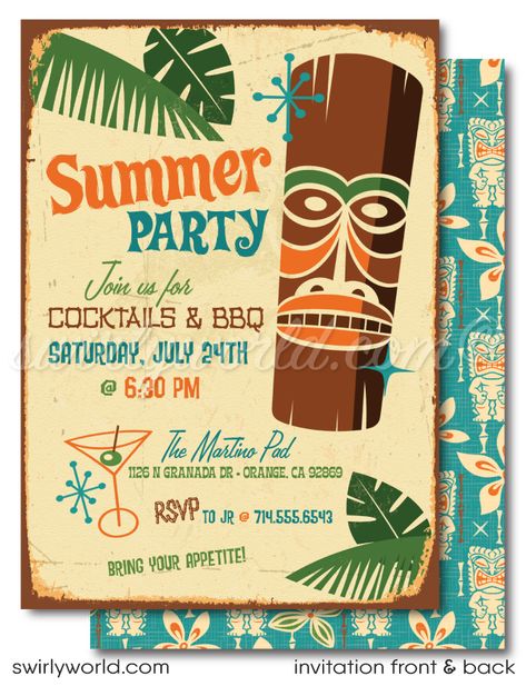 Take your luau party to the next level of retro swankiness with our cool mid-century Hawaiian Tiki Themed Invitation digital download set! With its infusion of 1950s-60s vintage charm and captivating mid-century atomic mod design, this digital birthday invitation bundle is a must-have for any Tiki Surf enthusiast who loves the 1960s exotica aesthetic. Cocktail Party Invites, Tiki Birthday Party, Hawaiian Luau Party Invitations, Vintage Beach Party, Cocktail Party Invite, Surfer Party, Surfer Vibe, Hawaiian Surfer, Luau Party Invitations