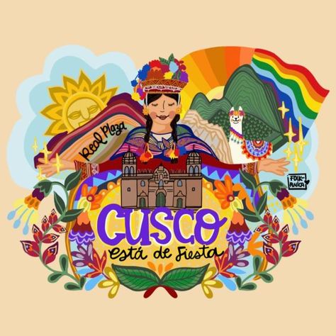 Folkanica on Instagram: "🌈kusisqa p'unchaw munasqay cusco. . Feliz día mi cusco querido, mi abuela siempre decía que no había tierra más hermosa, ella nació aquí . Así que puedo decir que tengo también sangre cusqueña . Hace un mes Mís amigos del @realplaza Cusco me pidieron hacer una ilustración y fui muy feliz reinterpretando a nuestra pachamama. . riqsikuyki Cusco estoy feliz de estar aquí 💜💜💜🌈 #cusco #cuscoperu #kausachun #peru #madeinperu" Peru Stickers, Inca Kola, Cusco Peru, Japanese Culture, School Projects, South America, Peru, Comic Book Cover, Mural