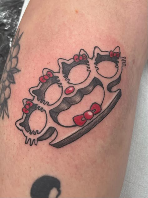 Loved this design from my tattoo flash 2x2 Inch Tattoo Ideas, Hello Kitty Tattoo Ideas Design, Monster High Flash Tattoo, Cute Dark Tattoos, Simple Cartoon Tattoos, Emo Tattoo Ideas Punk Rock, Cartoon Tattoos Women, Hello Kitty Flash Tattoo, Knuckle Duster Tattoo