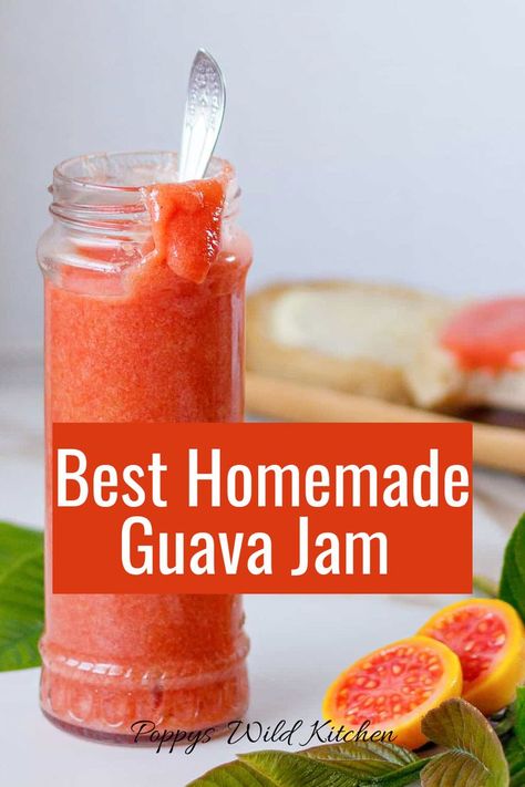 Jar of homemade guava jam dripping over the lid. Guava Preserves Recipe, Recipes With Guava Fruit, Guava Jam Recipe, Guava Recipes, Filipino Dessert Recipes, Guava Paste, Guava Jam, Guava Fruit, Jam Recipe