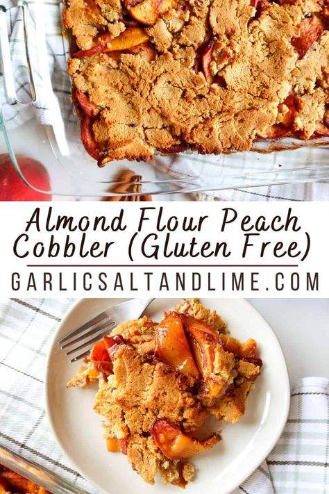 I have a yummy, old fashioned, from scratch, glutenfree, 9 x 13 peach cobbler recipe for you! Filling is made using fresh peaches, cinnamon, cloves & agave. Topping is almond flour & naturally sweetened with date paste. This dessert or breakfast idea contains no milk or butter, is free of dairy & has no refined sugar. GF, DF & vegetarian! This stone fruit dessert can be topped with dairy free whip or ice cream if desired. It's perfect for a late summer or fall baby shower or bridal shower! Almond Flour Peach Cobbler, Almond Flour Peach Cobbler Recipe, Gluten Free Peach Cobbler, Vegan Peach, Paleo Baking, Fruit Cobbler, Peach Desserts, Almond Flour Recipes, Peach Cobbler Recipe