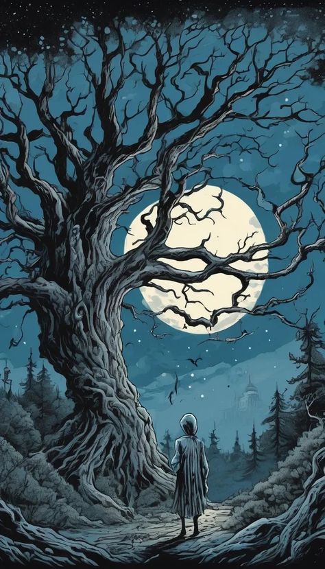 Lovecraftian Eldritch high gothic Tim Burton style, dirty colors, Cthulhu, full moon, trees Gothic Style Wallpaper, Tim Burton Landscape, Tim Burton Tree, Graveyard Tattoos, Halloween Watercolor Art, Tim Burton Vibes, Tim Burton Aesthetic, Graveyard Tattoo, The Graveyard Book