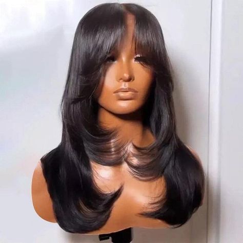 About this item 1.Wig with Curtain Bangs Layered Wig:Curtain bangs are low maintenance, soft,extremely and suit any face shape and look good, wavy hair Plus vou will look younger as curtain bangs make your face smaller and are effective in making you look younger. 2.Layered Cut Wig:The Wig is Made of High-Quality 7X5 Deep Part Human Hair Lace Wig, Layered Bangs Hairstyle for Round Various face Shapes.makes your hair look more natural, soft. 3.Glueless Wig with Combs and Strap:Wavy Wig cap size is average size. Between 22 and 22.5 inches. Suitable for different sizes of heads. Breathable &Comfortable,Two Clips on the Both Side and One Clips on the Back,Not easy to fall off. 4.lace front wigs human hair pre plucked：All the pics of hair are taken by ourselves,but slight color difference may e Wigs For Round Faces, Fringe Wigs For Black Women, Black Wavy Hairstyles, Layered Wig Hairstyles, Wigs Bangs, Wig Curtain Bangs, Layers Wig, Wig With Curtain Bangs, Lace Front Wigs With Bangs