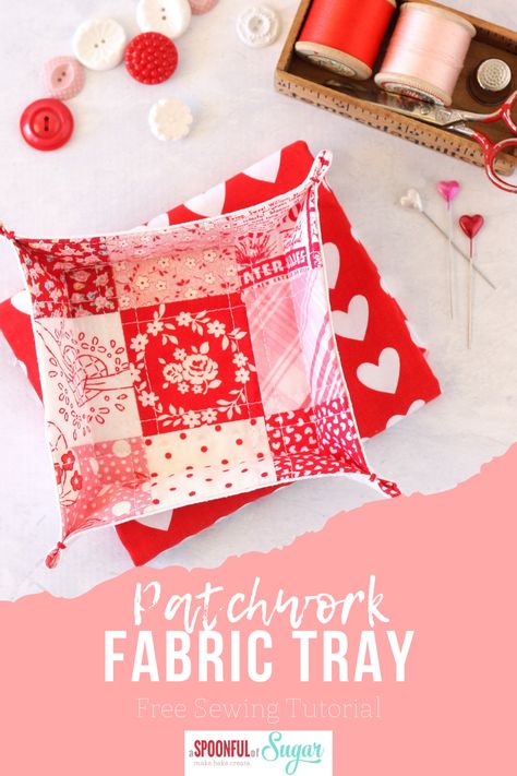 Make a patchwork fabric tray from your fabric scraps. This is a quick sew and beginner friendly project. Pretty and practical storage for your sewing room or around your home. Fabric Tray, Beginner Sewing Projects, A Spoonful Of Sugar, Fabric Basket Tutorial, Beginner Sewing, Beginner Sewing Projects Easy, Leftover Fabric, Patchwork Fabric, Sewing Rooms