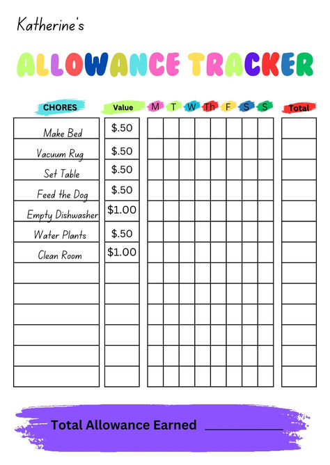 Kids Allowance, Allowance Tracker, Editable Chore Chart, Allowance For Kids, Kids Chores, Chore Chart For Kids, Chart For Kids, Chore Chart Kids, Printable Kids