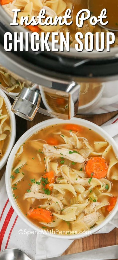 We absolutely love this Instant Pot chicken soup recipe. It is flavorful, fast, and delicious! #spendwithpennies #instantpot #chickensoup #isntantpotchickensoup #soup #instantpotsoup #chicken #chickennoodlesoup Chicken Noddle, Instant Pot Chicken Soup, Instant Pot Chicken Noodle Soup, Instant Pot Chicken Noodle, Chicken Soup Recipe, Electric Pressure Cooker Recipes, Instant Pot Soup Recipes, Homemade Noodles, Instant Pot Soup