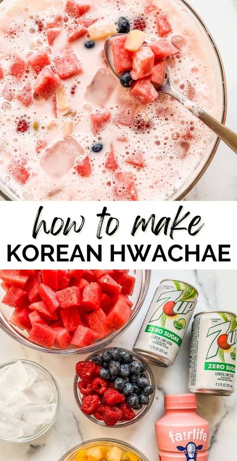 This viral Korean watermelon punch, called hwachae, is so fun to make and full of tasty ingredients! Summer Popsicle Recipes, Shredded Chicken Recipe, Fruit Punch Recipe, Huli Chicken, Watermelon Punch, Huli Huli, Huli Huli Chicken, Korean Dessert, Healthy Lunch Meal Prep