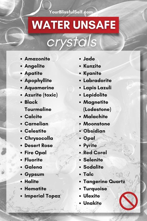 Check out which crystals are water unsafe and download your free printable PDF to keep for future reference. For plenty of FREE printable materials with crystals, chakras, chakra yoga, Reiki, and many more head to YourBlissfulSelf ('Freebies' Section). ❤️ Crystals That Are Safe In Water, Water Unsafe Crystals, Crystal Elixir Recipes, Crystals That Can Go In Water, Water Safe Crystals, Crystals Chakras, Elixir Recipe, Water Crystals, Crystal Elixir