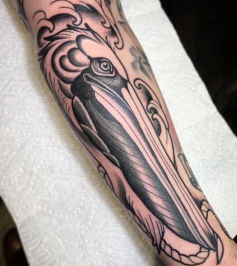 Flying Pelican Tattoo, Pelican Tattoo Men, Pelican Tattoo, Bird Tattoos, Moth Tattoo, Traditional Tattoos, Birds Tattoo, American Traditional, Forearm Tattoo