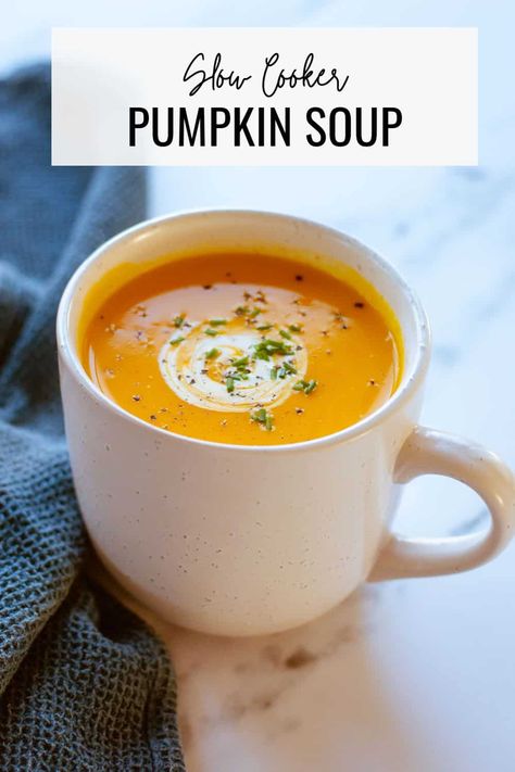 Slow Cooker Pumpkin Soup Mini Slow Cooker, Slow Cooker Pumpkin Soup, Pumpkin Soup Easy, Soup Store, Carrot And Coriander Soup, Frozen Pumpkin, Comforting Soup, Slow Cooker Pumpkin, Pumpkin Soup Recipe