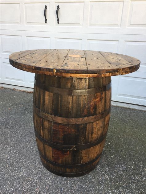 Whiskey Barrel Table Diy, Barrel Table Diy, Diy Whiskey Barrel, Barrel Tables, Whiskey Barrel Table, Barrels Diy, Backyard Table, Wine Barrel Table, Spool Furniture