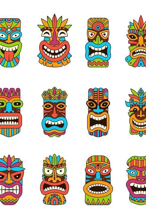 Tiki Art Drawing, Tiki Mask Art, Tiki Faces Template Free Printable, Tiki Faces Template, Tiki Party Decorations, Tropisk Fest, Tiki Ideas, Totem Tiki, Totem Art