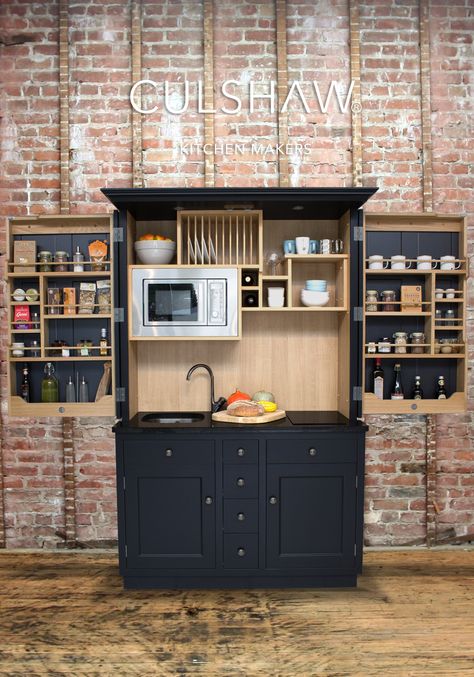 Our latest Kitchenette to fly the Culshaw nest is this Fernley Petite in Farrow and Ball 'Off Black' paint. It looks striking and would be equally at home in a modern or period setting. Loft Kitchenette, Black Kitchenette, Off Black Paint, Farrow And Ball Off Black, Boot Rooms, Kitchenette Design, Micro Kitchen, Small Kitchenette, Plumbing Pipe Furniture