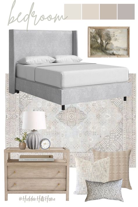 Calm and relaxing master bedroom mood board with warm gray and beige tones throughout! This bedroom features a gray upholstered bed paired with a warm wood toned nightstand Gray Bed With White Nightstand, Gray Velvet Bed Bedroom Ideas, Farmhouse Modern Bedroom Decor, Master Bedrooms With Grey Bed, Gray Bed Master Room, Grey Bed Nightstand Ideas, Bedroom Master Inspiration Upholstered Headboards, Guest Bedroom With Grey Headboard, Nightstand For Grey Upholstered Bed