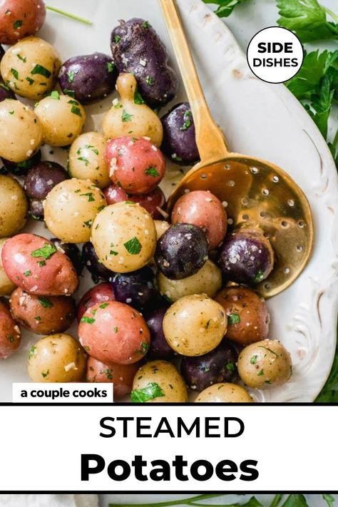 Here's how to make steamed potatoes: an easy side dish that's bursting with flavor! Mix with butter and garlic for a tasty simple side. #steamedpotatoes #easysidedish #sidedish #side #potatoes #newpotatoes #babypotatoes Potato Recipes Vegetarian, Side Potatoes, Recipes Dairy Free, Recipes Plant Based, Steamed Potatoes, A Couple Cooks, Salad Dressing Recipes Healthy, Mini Potatoes, Vegan Recipes Plant Based