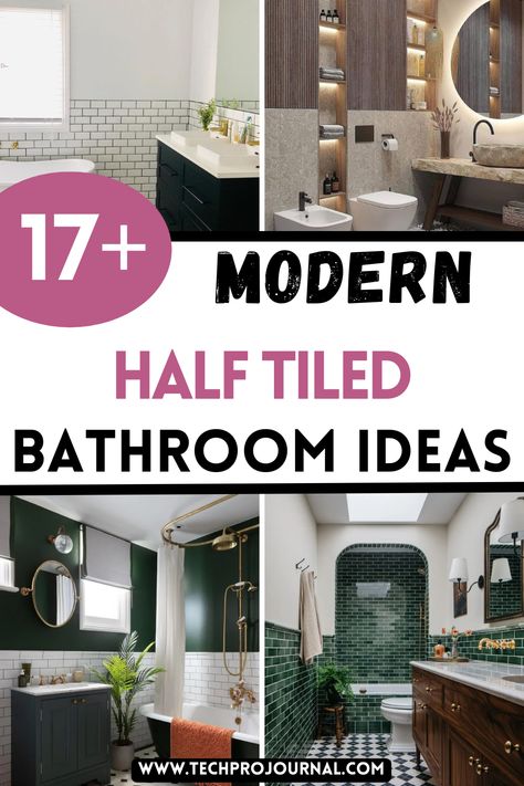 If you're sick of the same old bathroom look, modern half tiled bathroom ideas are here to transform your space. With modern half tiled bathroom ideas, you get a sleek, stylish vibe that balances elegance and function effortlessly. Tile Wall In Half Bath, Bathroom With Green Tile Walls, Half Tiled Small Bathroom, Toilet Half Wall Tile, Half Bath Tile Wall Ideas, Tile Ledge Bathroom, Half Wall Tile Behind Freestanding Tub, Bathroom Ideas Half Tiled, Half Tile Wall Bathroom Ideas