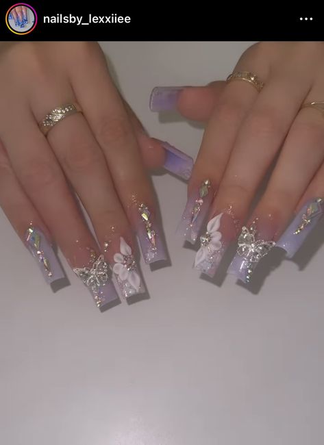 Square Quince Nails, Lilac Bling Nails, Quince Nails Purple Butterfly, Silver Quince Nails, Lilac Quince Nails, Quince Nails Purple, Lavender Quince Nails, Lilac Prom Nails, Lilac And Silver Nails