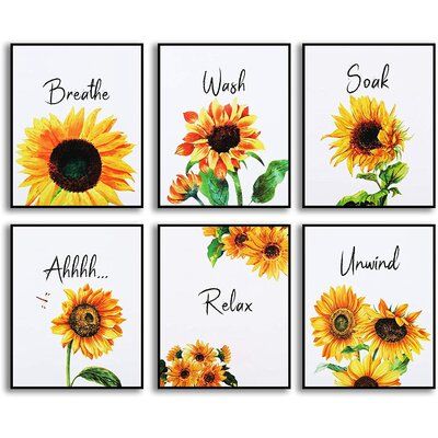 Sunflower theme: these sunflower bathroom decors can add enjoyable atmosphere to your bathroom; Start your day with good mood when you are facing towards the sunshine with this set of paintings Sunflower Bathroom Decor, Sunflower Bathroom, College Living Rooms, Set Of Paintings, Bathroom Decor Pictures, Yellow Bathroom Decor, Relax Soak Unwind, College Living, Wall Painting Art