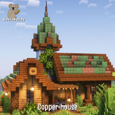 Tap to watch the full relaxing tutorial Minecraft Copper Palette, Minecraft Copper Roof, Copper House Minecraft, Minecraft Copper House, Minecraft House With Tower, Copper Minecraft, Mincraft Idea Houses Cozy Easy, Starter Base Minecraft, Minecraft Copper Builds