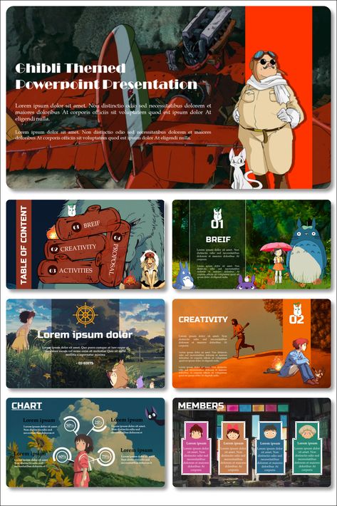 Film Powerpoint Design, Thesis Presentation Powerpoint, Anime Presentation, Presentation Slide Design, Canva Presentation Template, Thesis Presentation, Desain Ux, Studio Ghibli Films, Mises En Page Design Graphique