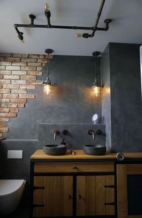 Concrete And Brick Industrial Style Bathroom Design Portfolio Layout, Industrial Bathroom Design, Industrial Style Bathroom, Industrial Home Design, Industrial Bathroom, Industrial Interior Design, Modern Moroccan, Bathroom Trends, Concrete Design